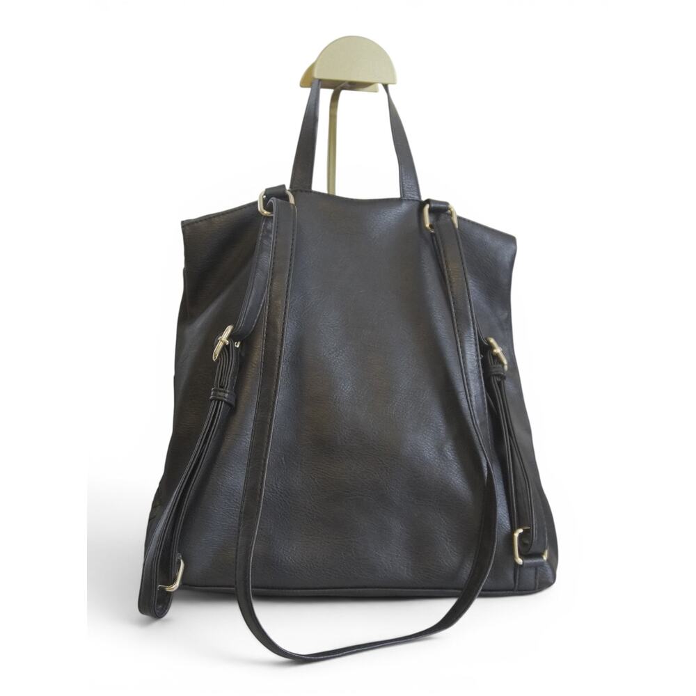 Black Woven Faux Leather Backpack Tote Animal Print Lining Laptop School Bag - Picture 3 of 16